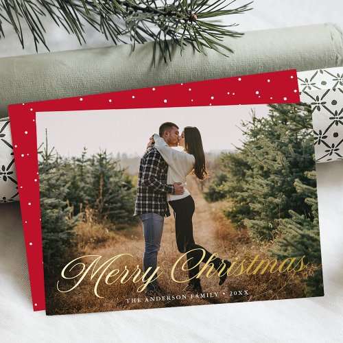 Elegant Merry Christmas Calligraphy Red Photo Foil Holiday Card