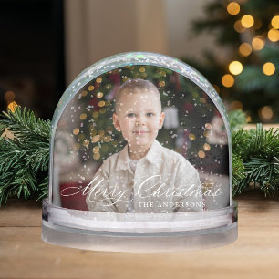 Elegant Merry Christmas Calligraphy Script 2 Photo Snow Globe