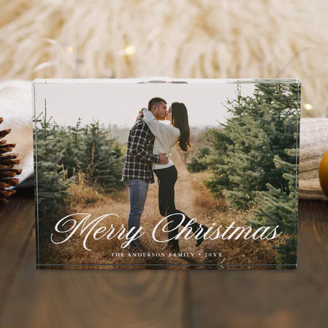 Elegant Merry Christmas Calligraphy Script Photo Block | Zazzle