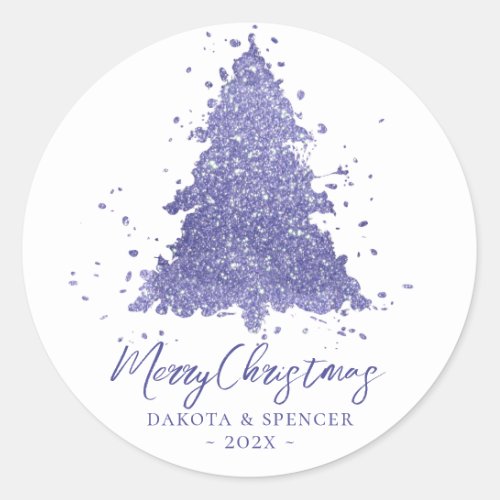 Elegant Merry Christmas  Charming Purple Tree Classic Round Sticker