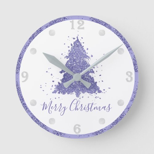 Elegant Merry Christmas  Charming Purple Tree Round Clock