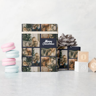Elegant Merry Christmas Collage Blue Wrapping Paper