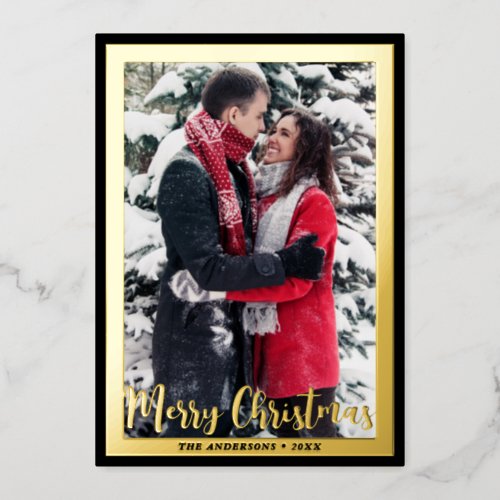 Elegant Merry Christmas Custom Photo Frame   Foil Holiday Card