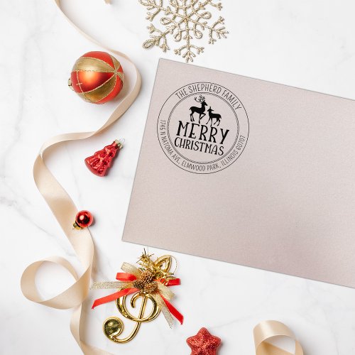 Elegant Merry Christmas Deer Return Address Rubber Stamp