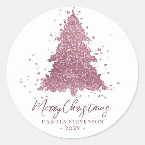 Elegant Merry Christmas  Dusty Mauve Pink Tree Classic Round Sticker