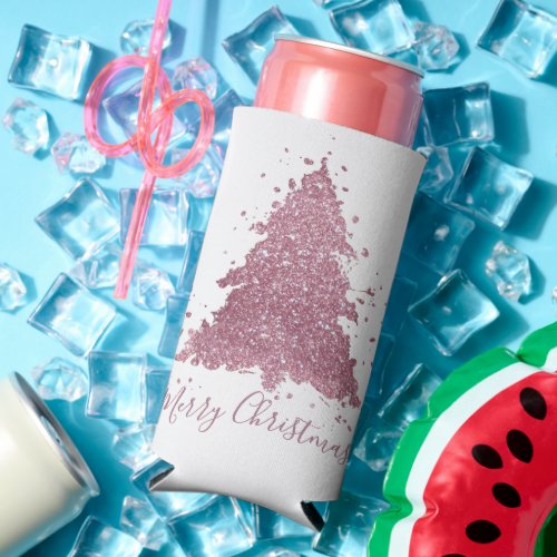 Elegant Merry Christmas  Dusty Mauve Pink Tree Seltzer Can Cooler