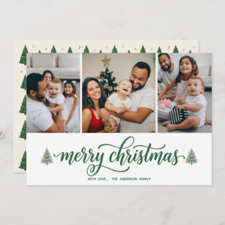 Elegant Merry Christmas Family 3 Photos Flat Card