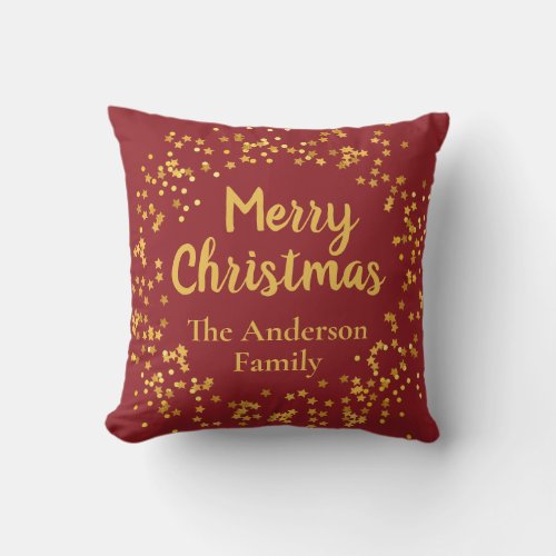 Elegant Merry Christmas Family Name Red and Gold  Throw Pillow