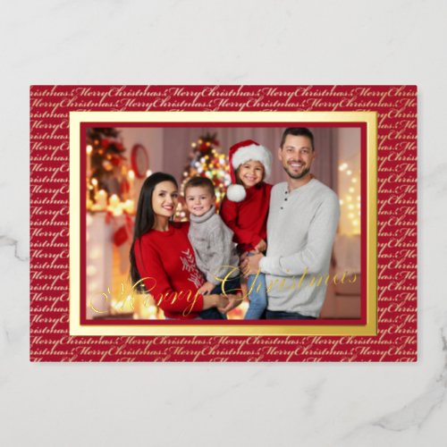 Elegant Merry Christmas Family Photo Dark Red  Foil Holiday Card
