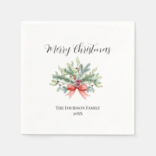 Elegant Merry Christmas Family Watercolor Greenery Napkins