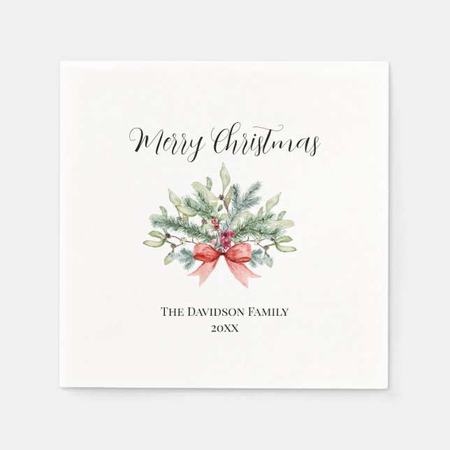 Elegant Merry Christmas Family Watercolor Greenery Napkins (Front)