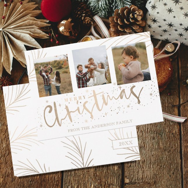 Elegant Merry Christmas Faux Gold 3 Photo  Holiday Card (Creator Uploaded)
