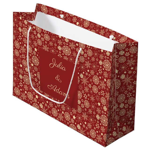 Elegant Merry Christmas Faux Red Gold Snowflake Large Gift Bag (Front Angled)