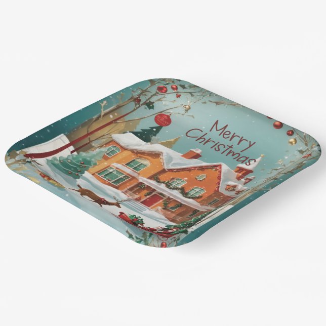Elegant Merry Christmas Festive Square  Paper Plates (Angled)