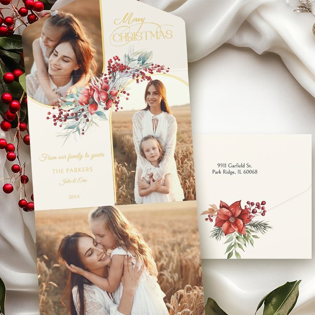 Elegant Merry Christmas Floral Arch 2-Photo Foil All In One Invitation (Creator Uploaded)