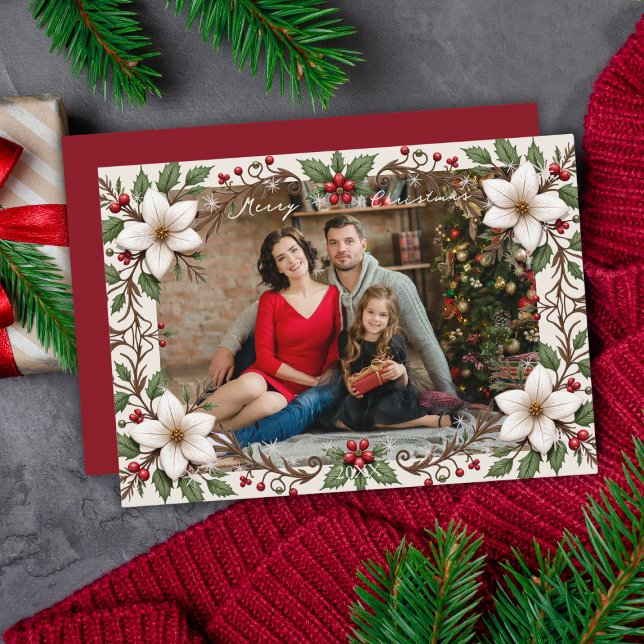 Elegant Merry Christmas Floral Frame Custom Photo Holiday Card (Elegant Merry Christmas Floral Frame Custom Photo Holiday Card
)