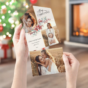 Elegant Merry Christmas Floral Gold Arch 2-Photo All In One Invitation