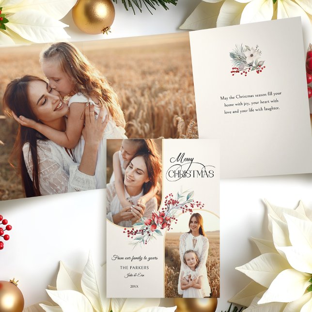 Elegant Merry Christmas Floral Gold Arch 2-Photo Tri-Fold Card (Creator Uploaded)