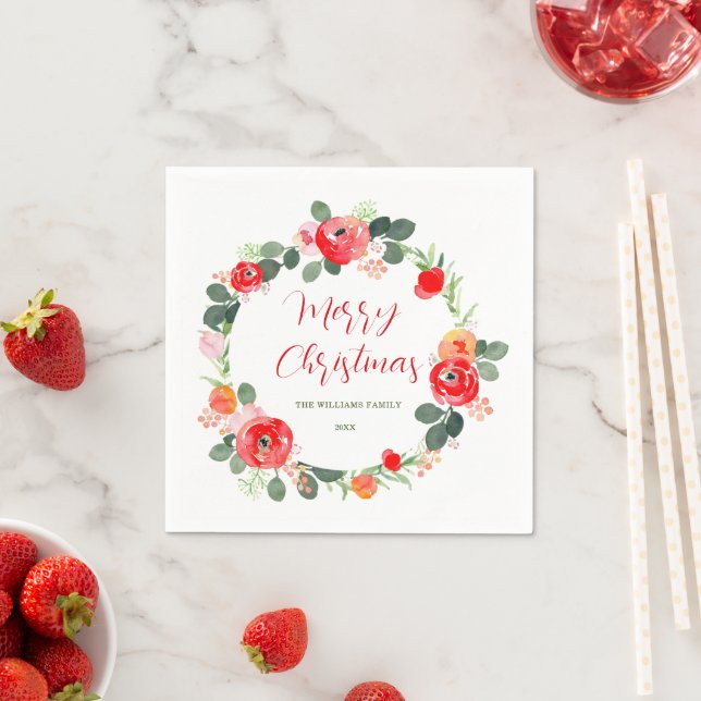 Elegant Merry Christmas Flower Wreath Christmas Napkins (Insitu)