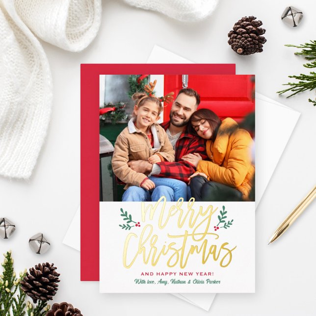 Elegant Merry Christmas Gold Brushed Script Photo Foil Holiday Card (Creator Uploaded)