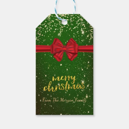 Elegant Merry Christmas Gold Confetti Red Bow Gift Tags