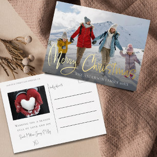 Elegant Merry Christmas Gold Foil & Photo Foil Holiday Postcard