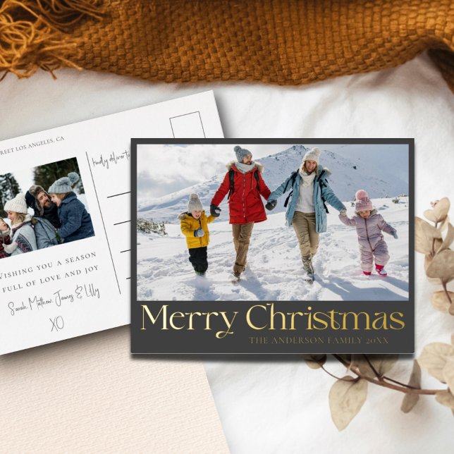 Elegant Merry Christmas Gold Foil & Photo Holiday Postcard (Creator Uploaded)