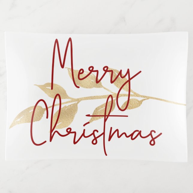 Elegant Merry Christmas Gold Leaves Script Trinket Tray (Front)