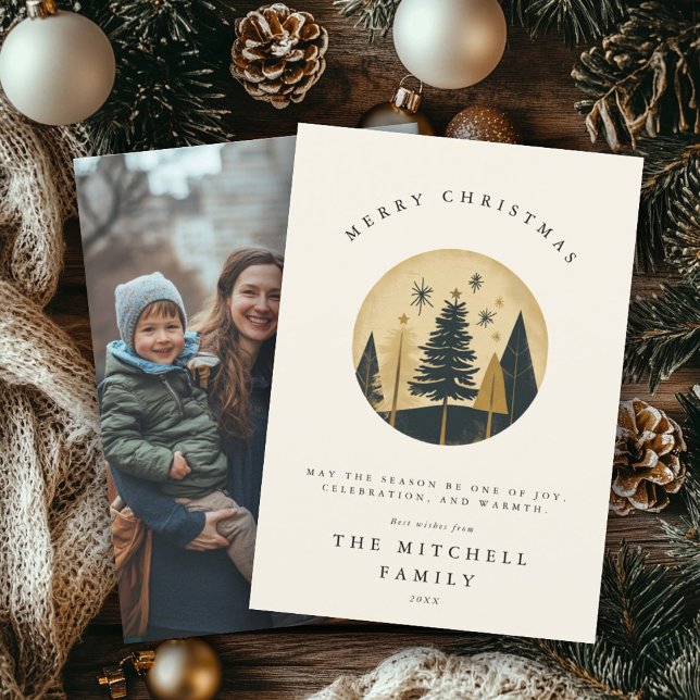 Elegant Merry Christmas Gold Pine Forest Photo Holiday Card (Creator Uploaded)