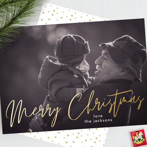 Elegant Merry Christmas Gold Pressed One Photo Foil Holiday Card