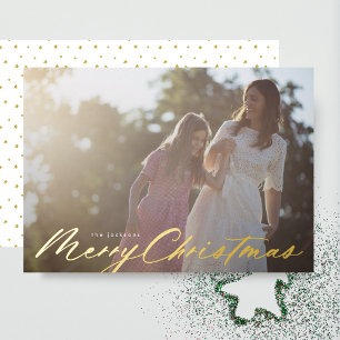 Elegant Merry Christmas Gold Pressed Photo Foil Holiday Card