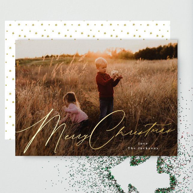 Elegant Merry Christmas Gold Pressed Photo Foil Holiday Card (Creator Uploaded)
