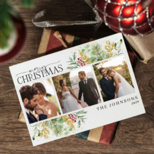 Elegant Merry Christmas Gold Red Berries Photo Holiday Card