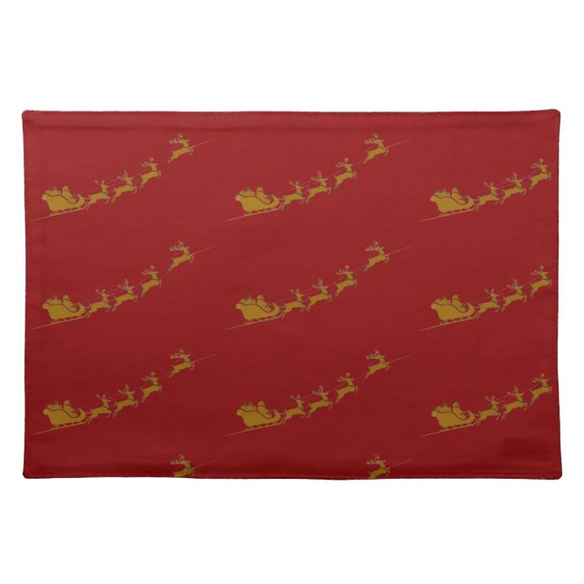 Elegant Merry Christmas Gold santa Deer Sled xmas Cloth Placemat (Front)