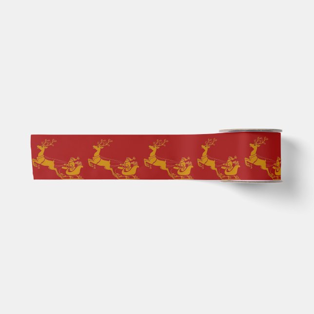 Elegant Merry Christmas Gold santa Deer xmas patte Satin Ribbon (Front)