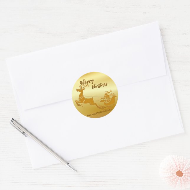 Elegant Merry Christmas Gold santa Sled xmas Classic Round Sticker (Envelope)