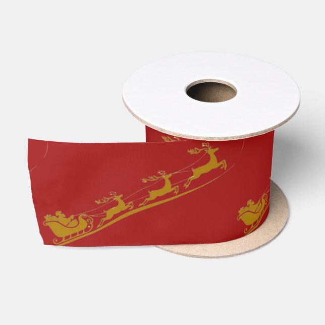 Elegant Merry Christmas Gold santa Sled xmas patte Satin Ribbon (Spool)