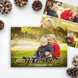 Elegant Merry Christmas Gold Script Photo Collage Foil Holiday Card<br><div class="desc">Simply elegant holiday multi-photo greeting card features "Merry Christmas" in a beautiful calligraphy script with scrolling detail in real gold foil and modern photo collage template with six (6) additional photos on the back. Personalize the custom wording with your last name, the year, a custom greeting, and family member names....</div>