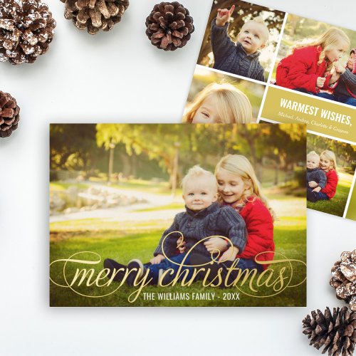 Elegant Merry Christmas Gold Script Photo Collage Foil Holiday Card