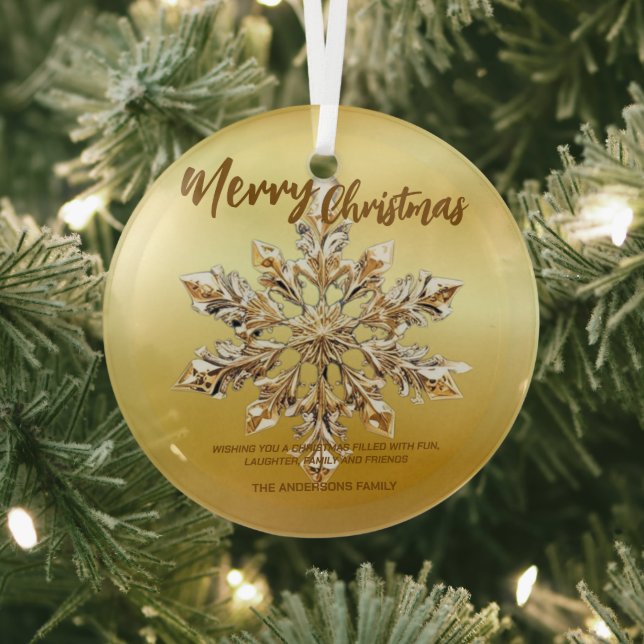 Elegant Merry Christmas Gold snowflake xmas festiv Glass Ornament (Insitu)