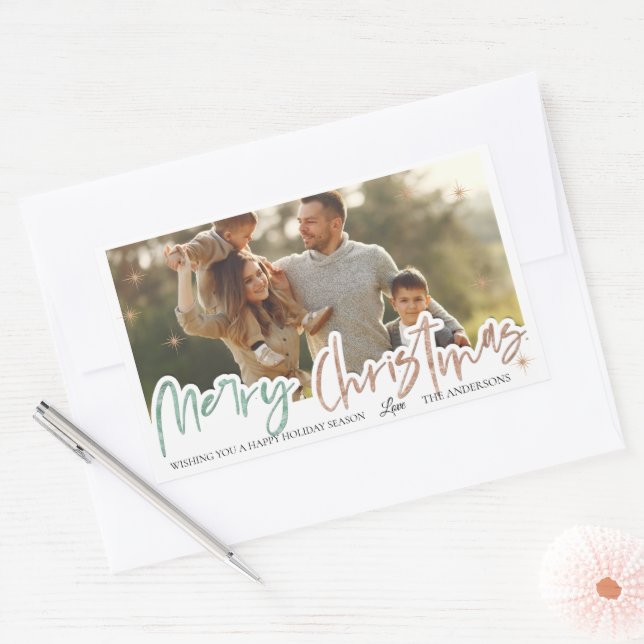  Elegant Merry Christmas Gold Star Family Photo  Rectangular Sticker (Envelope)