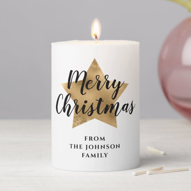 Elegant Merry Christmas Gold Star Pillar Candle (In Situ)