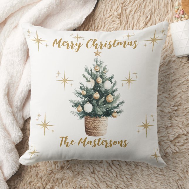 Elegant Merry Christmas Gold Stars  Throw Pillow (Blanket)