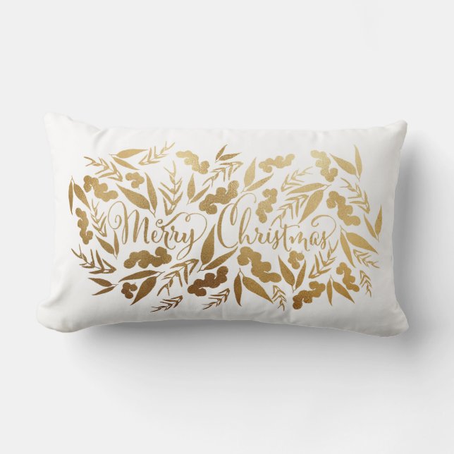 Elegant Merry Christmas Gold White Eucalyptus Lumbar Pillow (Front)