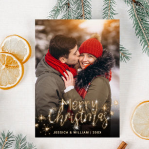 Elegant Merry Christmas Golden Sparkle PHOTO Holiday Card