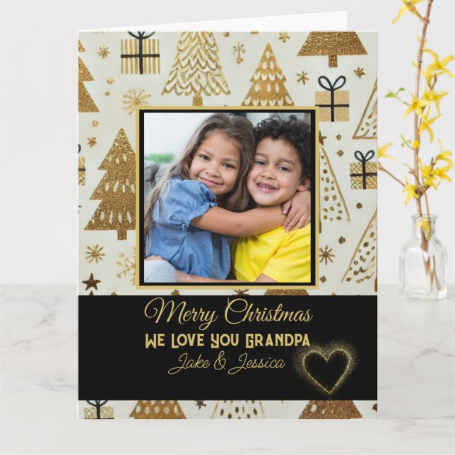 Elegant Merry Christmas Grandpa Black and Gold  Card (Yellow Flower)
