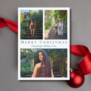 elegant merry christmas green 3 photos holiday note card