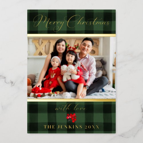 Elegant Merry Christmas Green and Red Photo Gold Foil Holiday Card