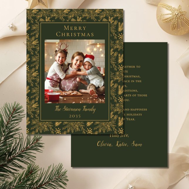 Elegant Merry Christmas Green Faux Gold Photo Holiday Card (Creator Uploaded)