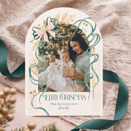 Elegant Merry Christmas Green Pink Bow Arch Photo Holiday Card